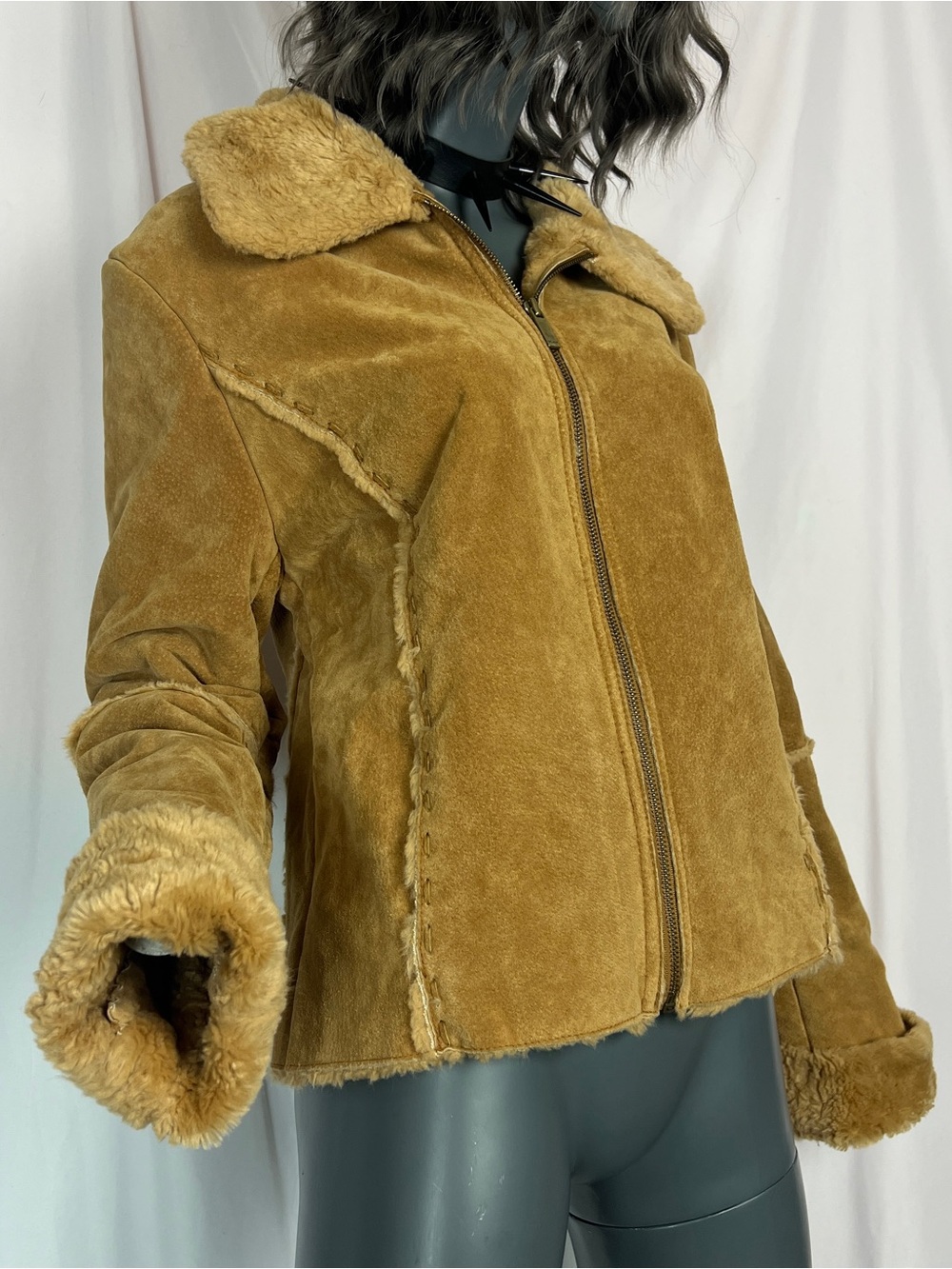 Vintage 90s - Y2K Winlit Tan Suede Leather Faux Fur Jacket